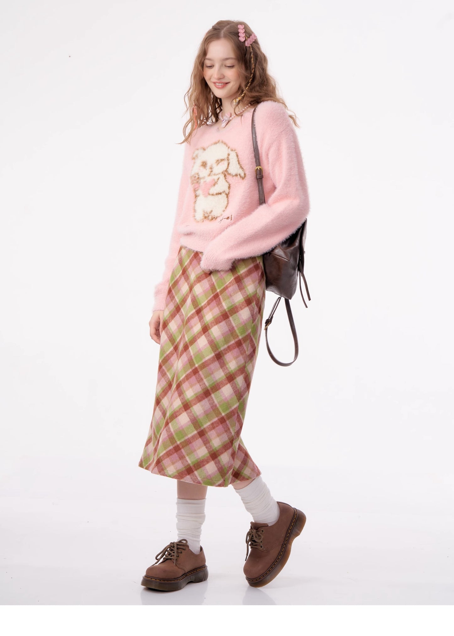 Maillard High Waist Slim Green Mid Length Check Wool Skirt