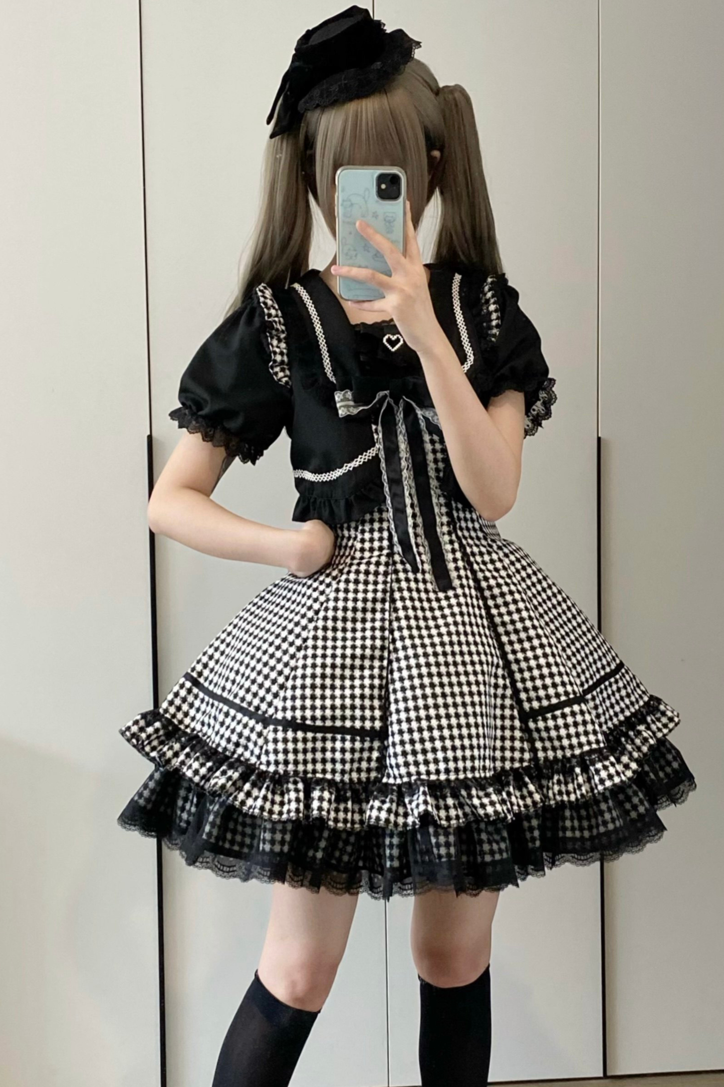 千鳥格子ダークスイートスリーブ付きロリータドレス