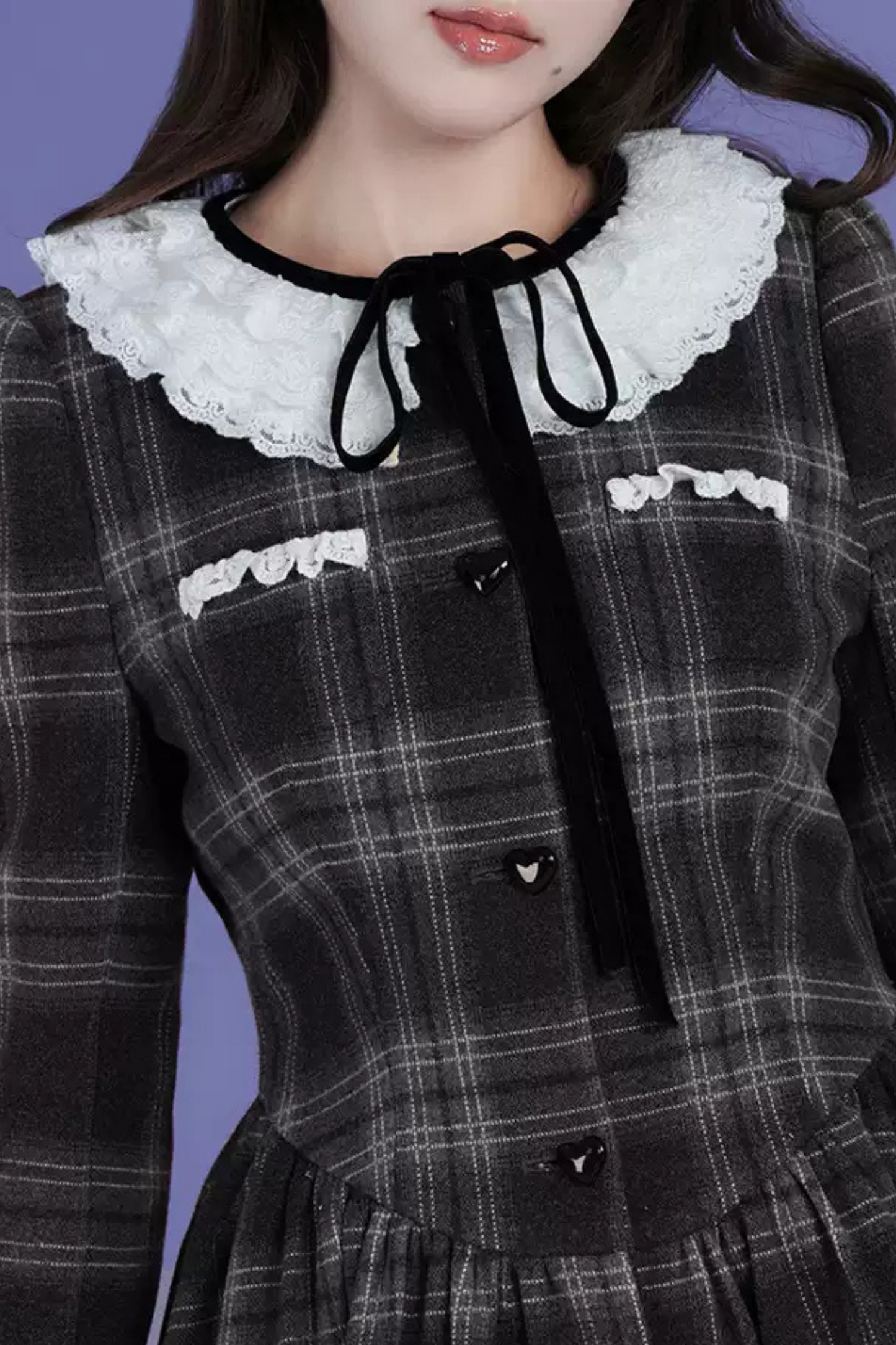 Lace Collar Wool Check Dress Coat