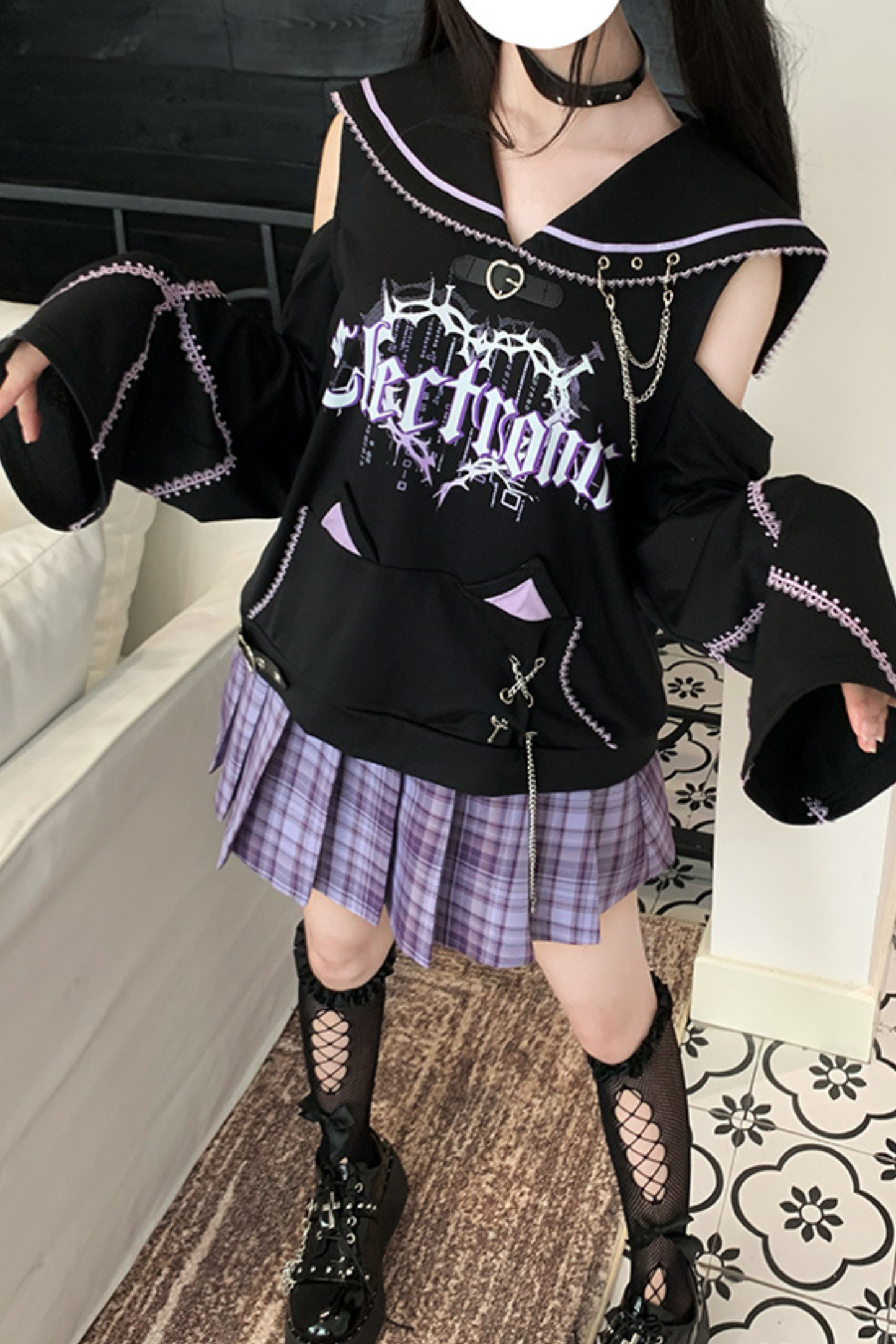 サブカルチャーセーラーオフショルダールーズスウェット