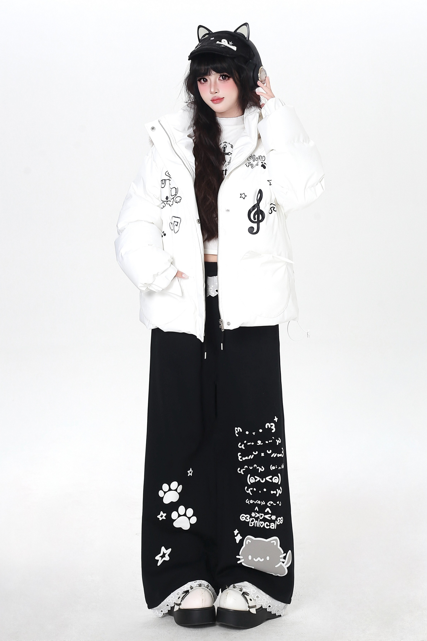 キャットデザインレースルーズパンツ