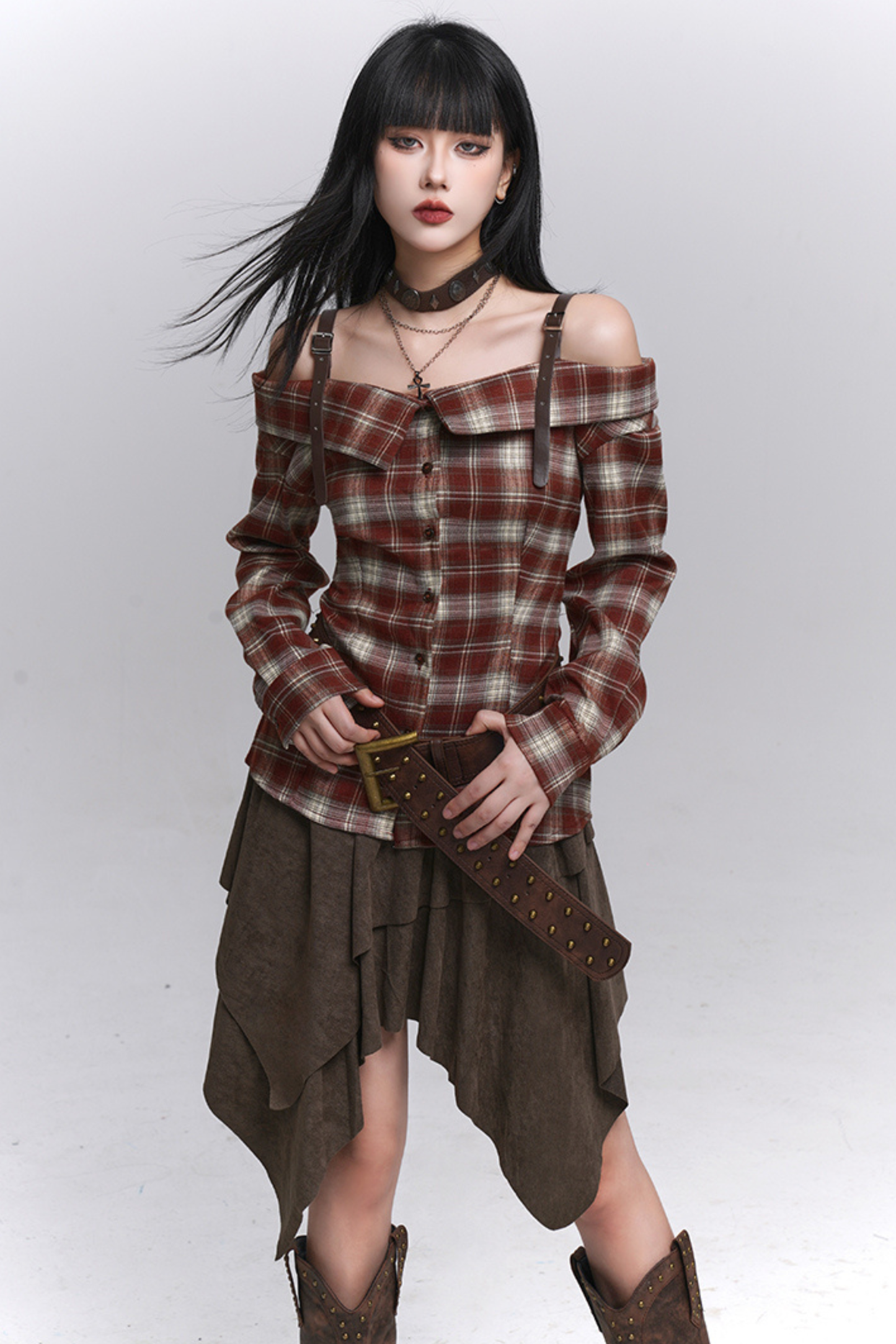 Y2Kチェックオフショルダーシャツ