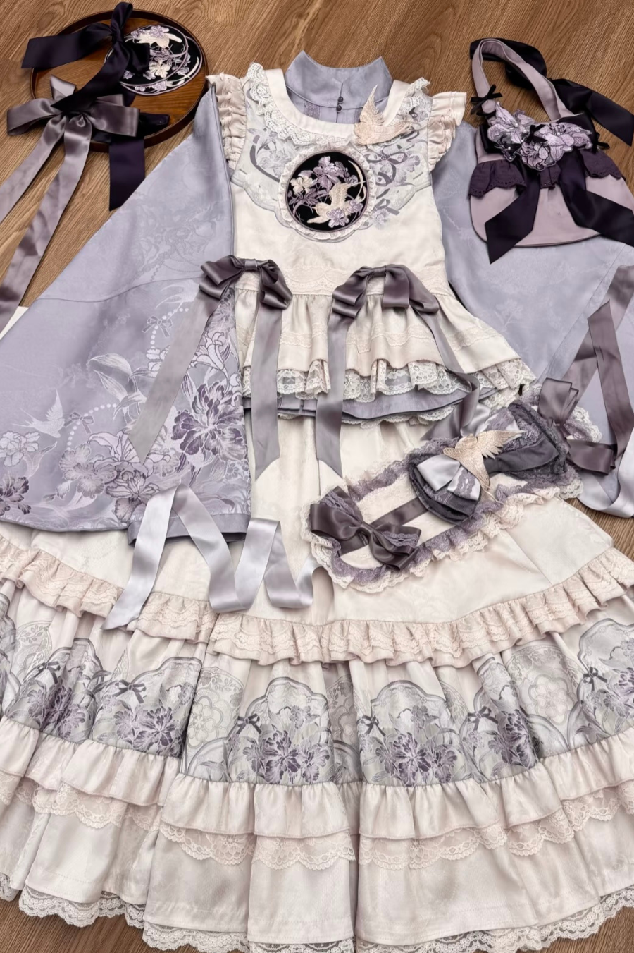 Chinese stand collar jacket + suspender dress + hair band