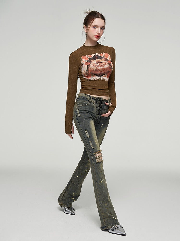 レトロキャットプリントバティックスリムロンT