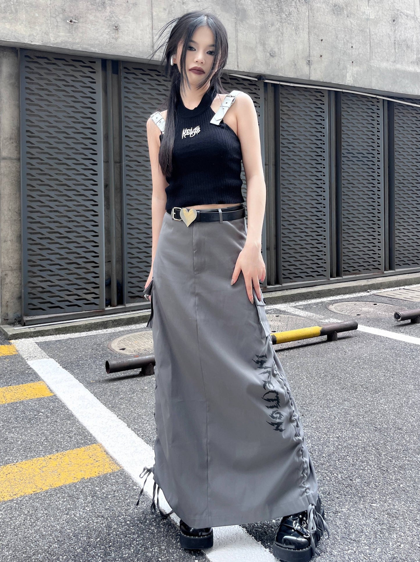 アメリカンレトロハイウエストドローストリングスリットロングスカート