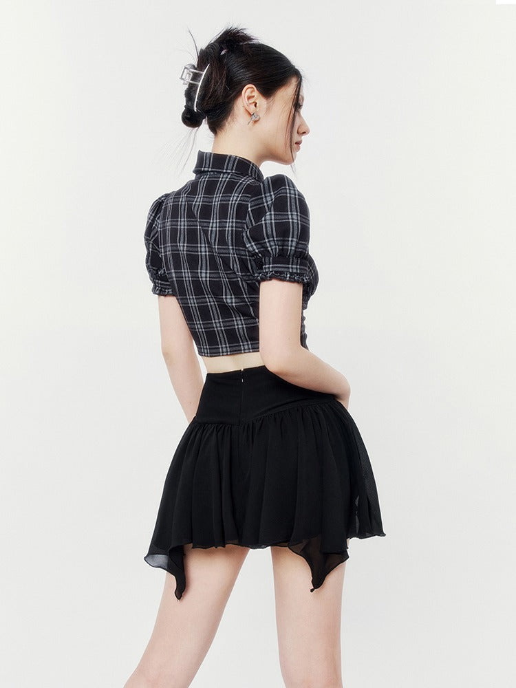 Dark Cool Check Open Heart Puff Sleeve Short Shirt