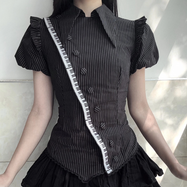 【4月13日预售截止】钢琴条纹尖领荷叶边不对称哥特洛丽塔衬衫A型/B型