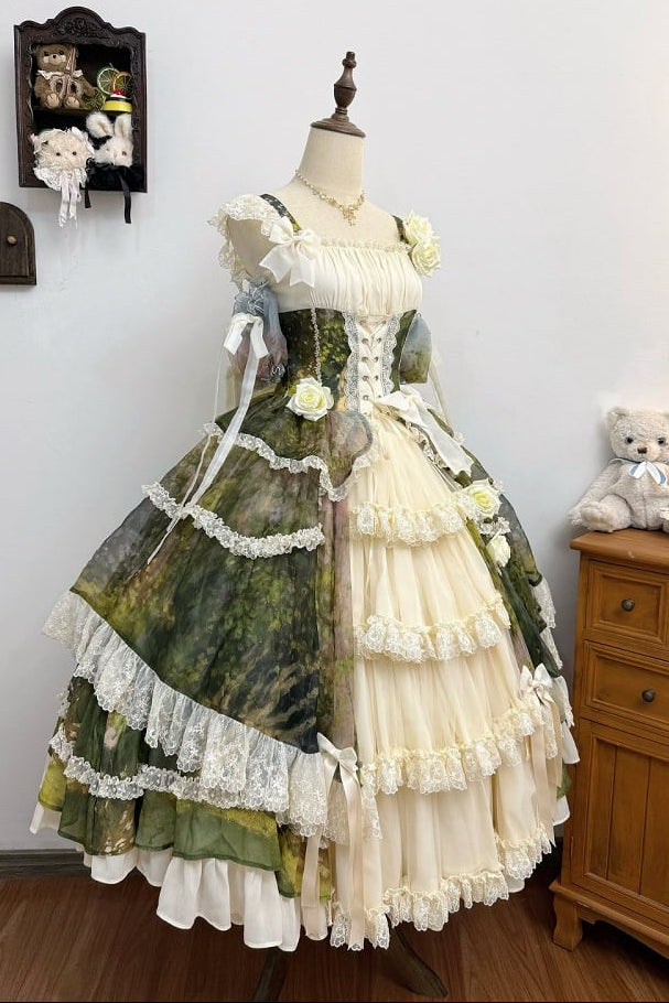 【8月23日予約締切】Elegant Forest Floral Oil Painting Print Classical Lolita Tiered JKS Dress Type 1/2