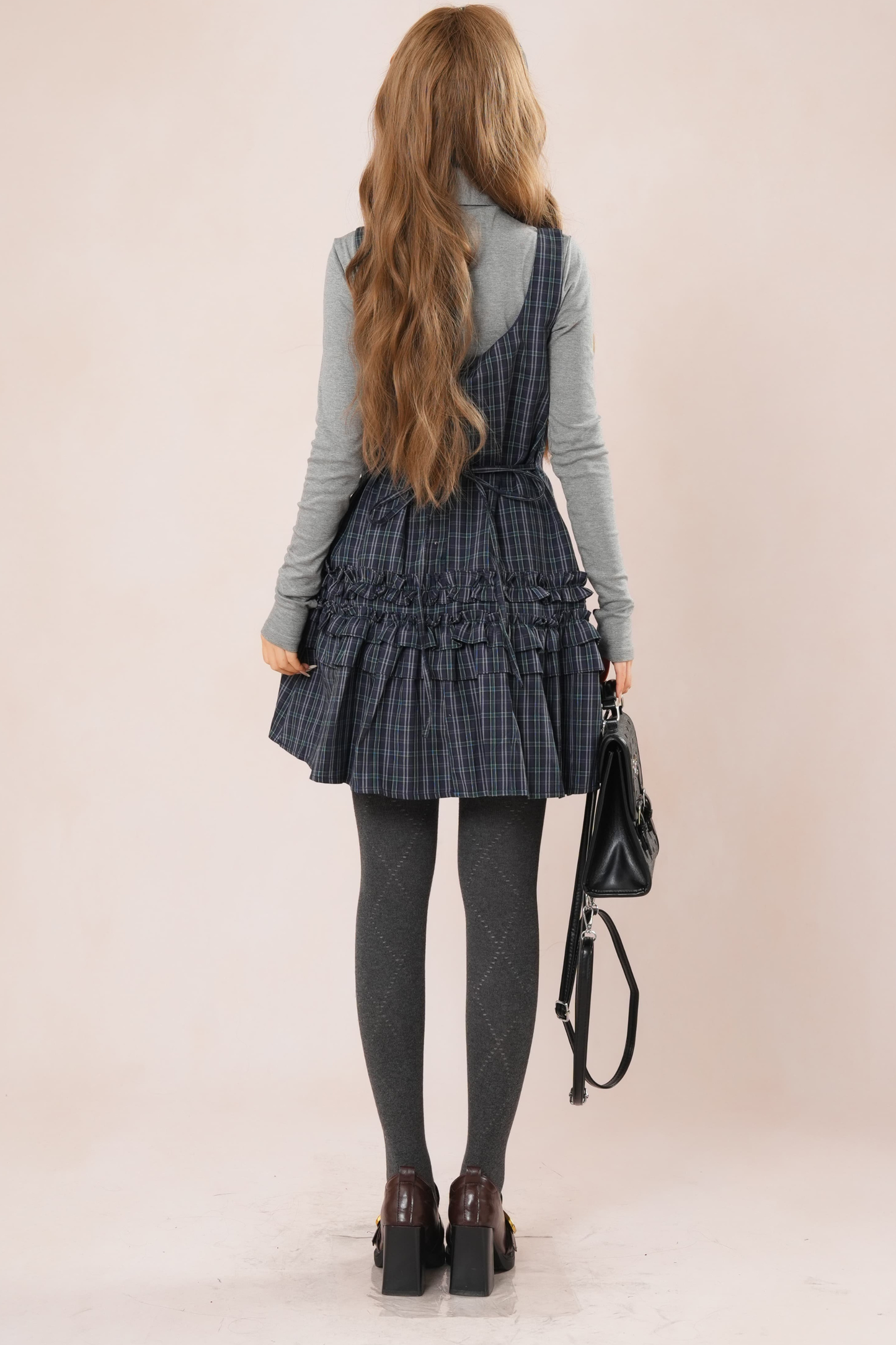 ダークフレンチフリルチェックノースリーブドレス+シャツ