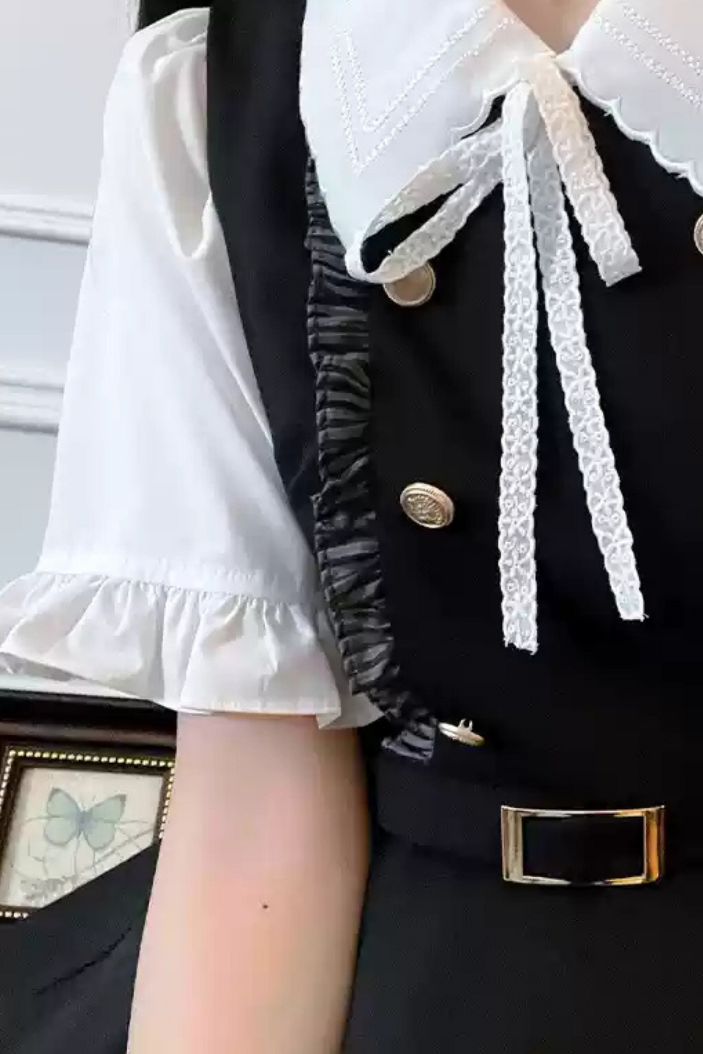 Checked Suspender Skirt + Ribbon Ruffle Shirt