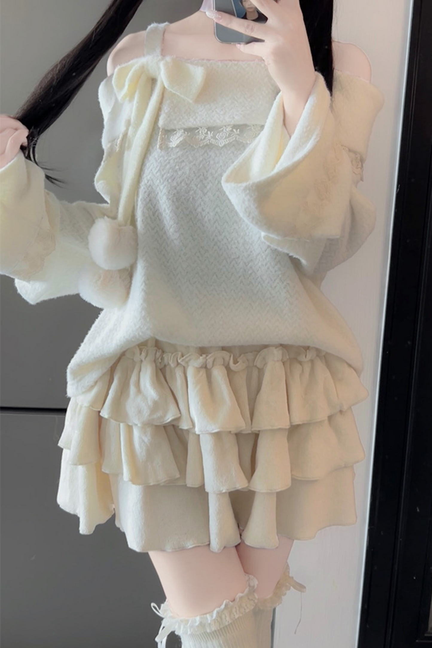 Little feather doll top + tiered skirt + cardigan