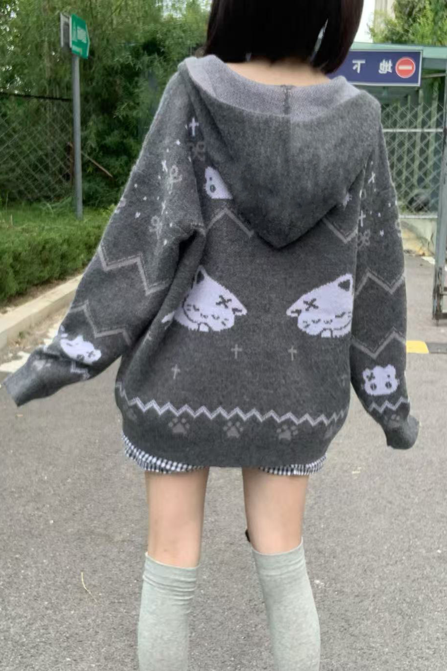 キャットデザインフード ニットカーディガン