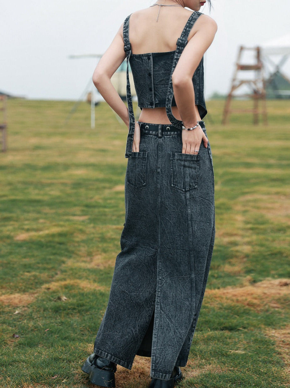 Dark black slit high-end denim long skirt