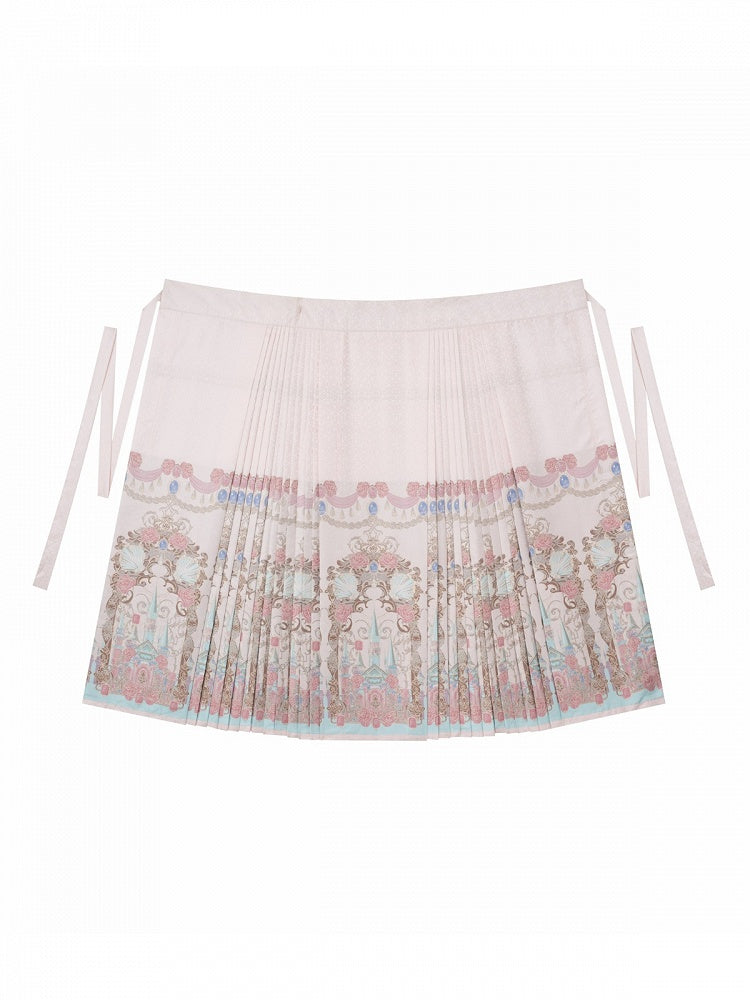 【10月10日予約締切】Black Pink Romantic Rose Castle Classic Lolita Bustier Top Castle Print Pleated Skirt Set-up + Complete Set(Rose Ribbon Lace Hat + Ribbon Hair Clip Included)