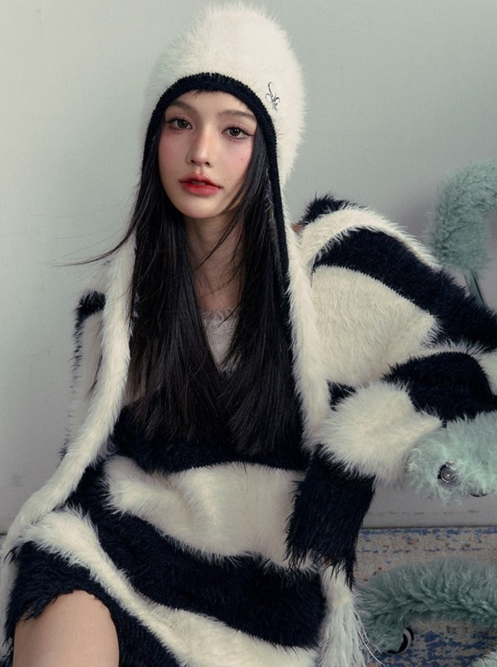 ボーダーファーオーバーニット+ファーハット