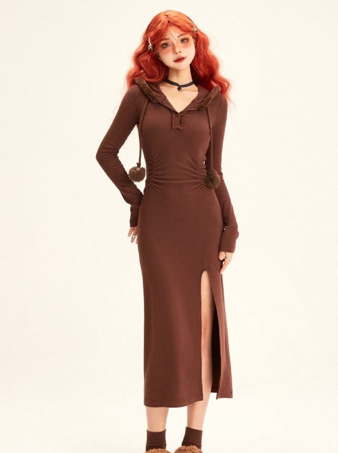 Hot Girl Pleated Slim Long & Short Style Knit Hooded Dress – Belchic