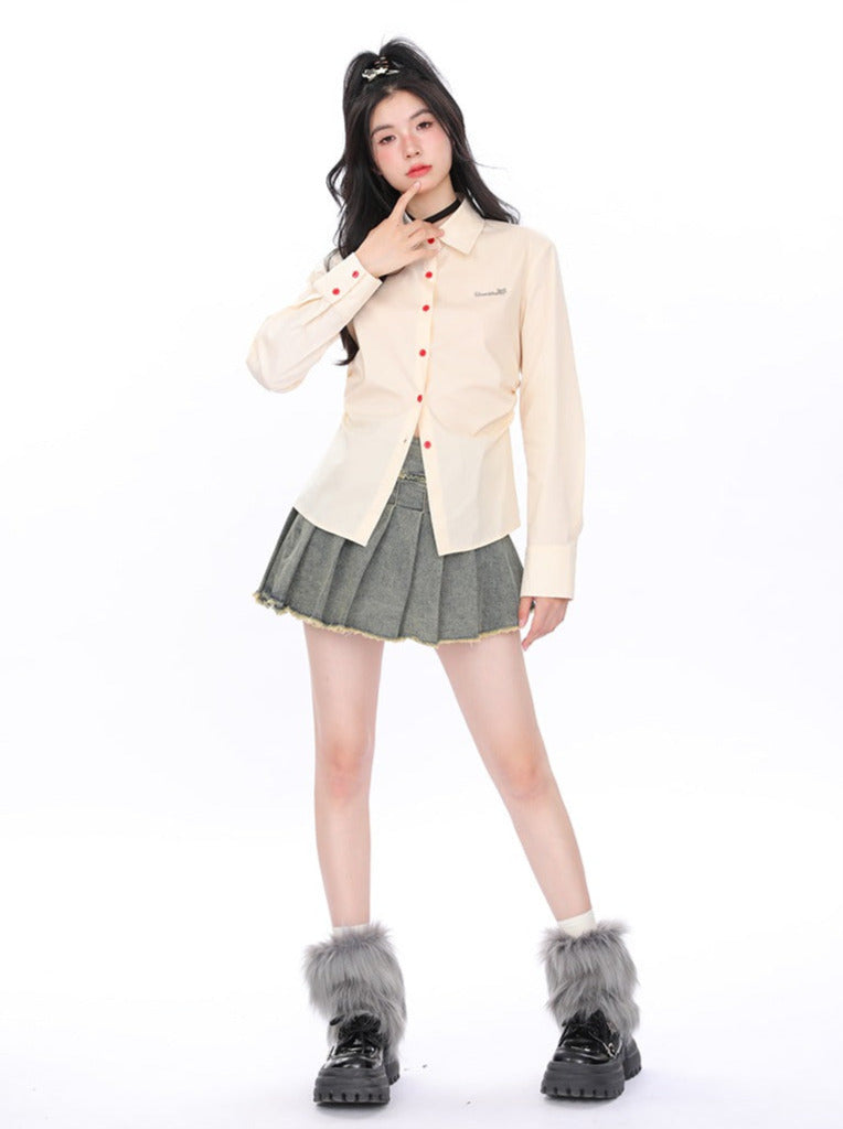 American College Style Red Button Waist Pleated Shirt