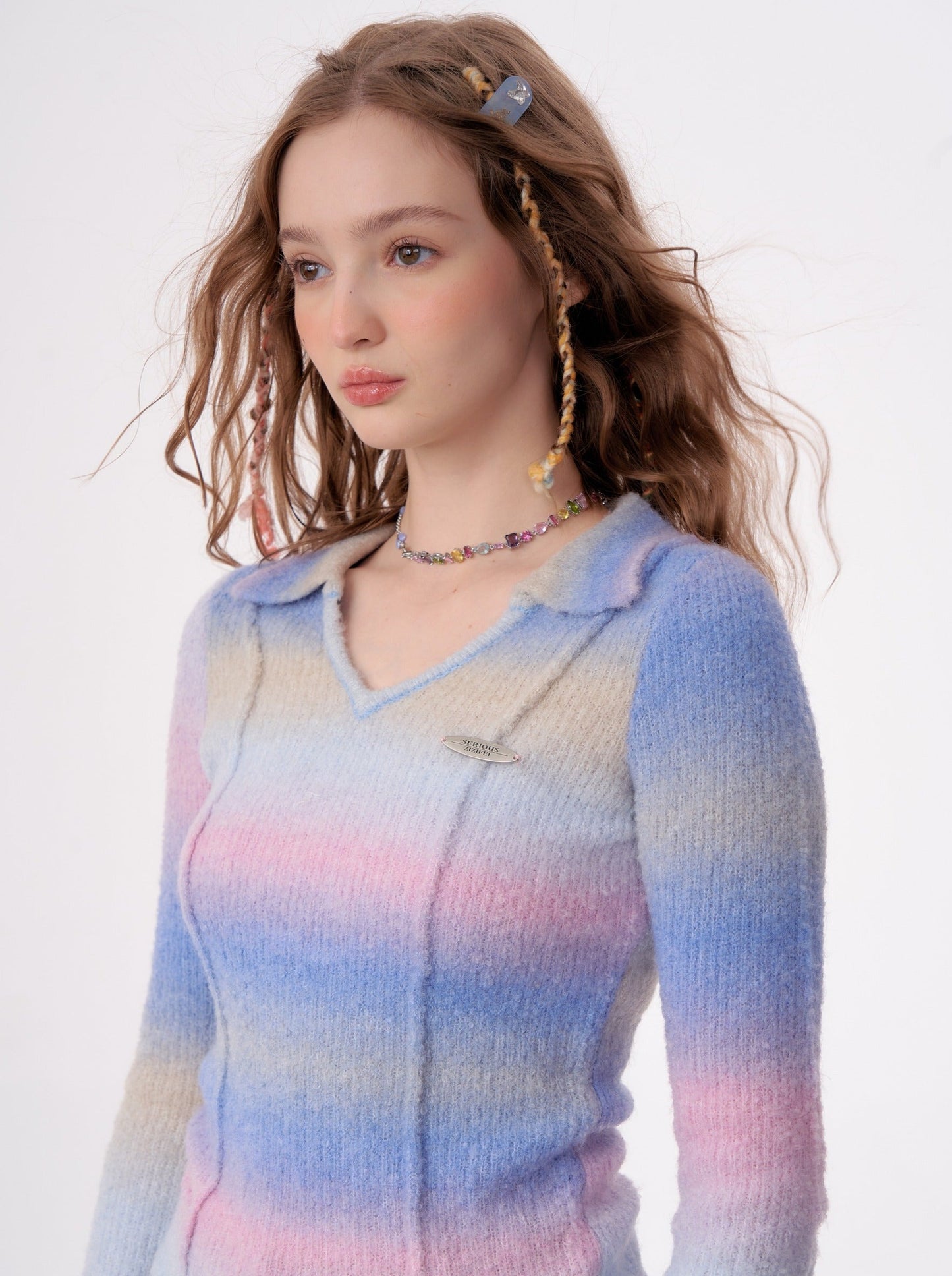 ポロ Vネックレトロボーダーグラデーションニット