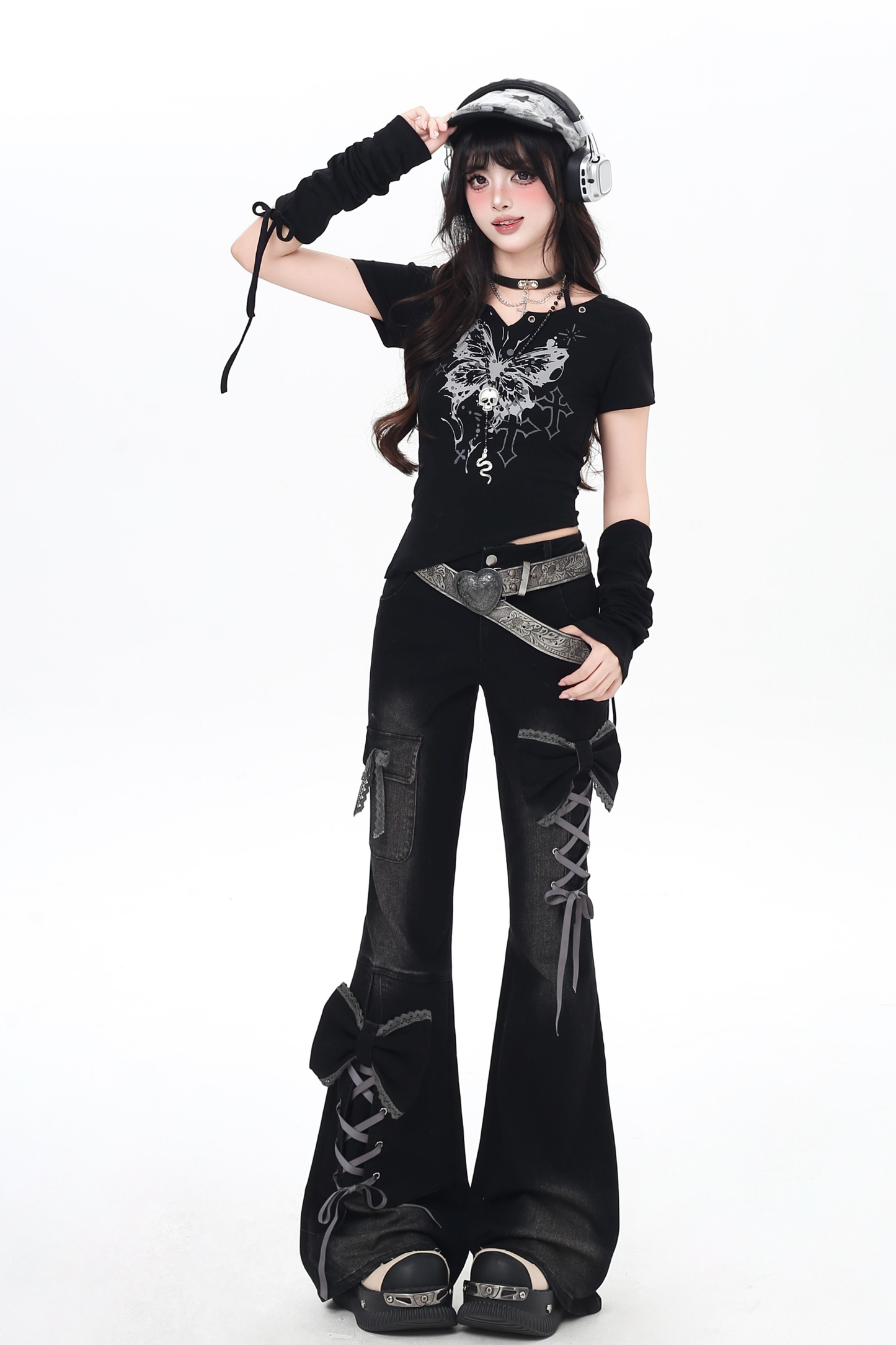 Lace-up flared denim pants