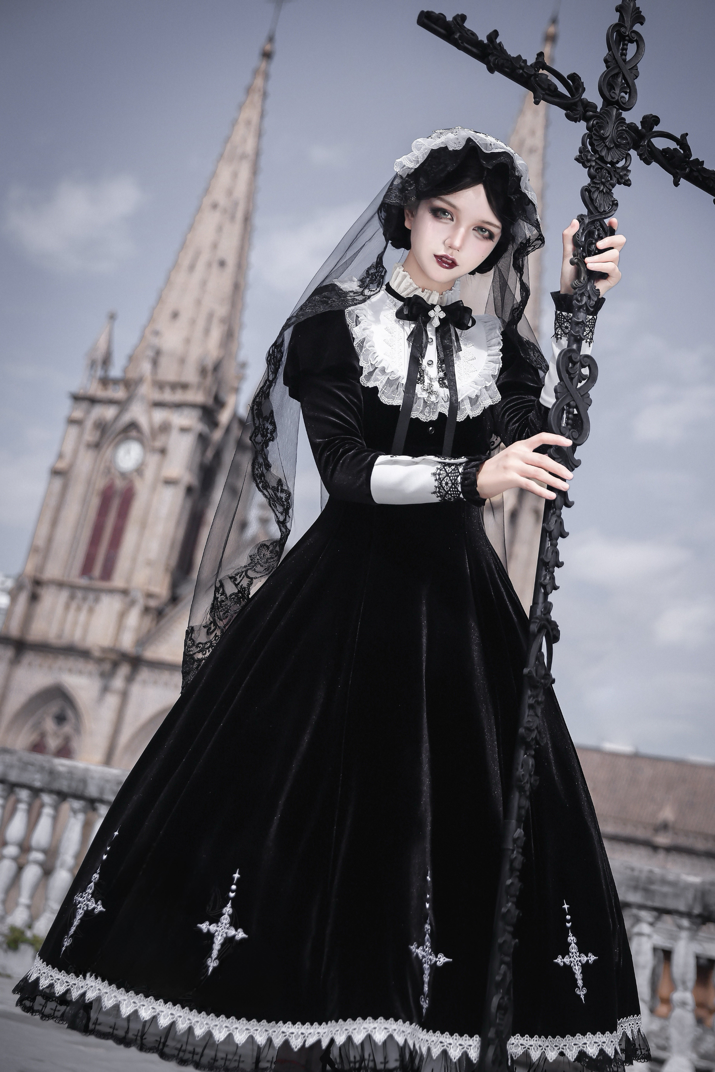 【3月1日予約締切】ムーンクロスジュリエットスリーブブラックベルベットゴシックドレス+アクセサリー