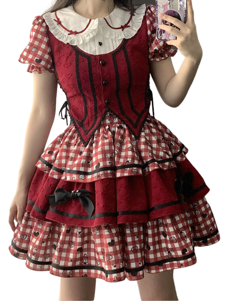 Amerikanisches Sweetheart Rüschenkaro-Layered Top + Bänderrock