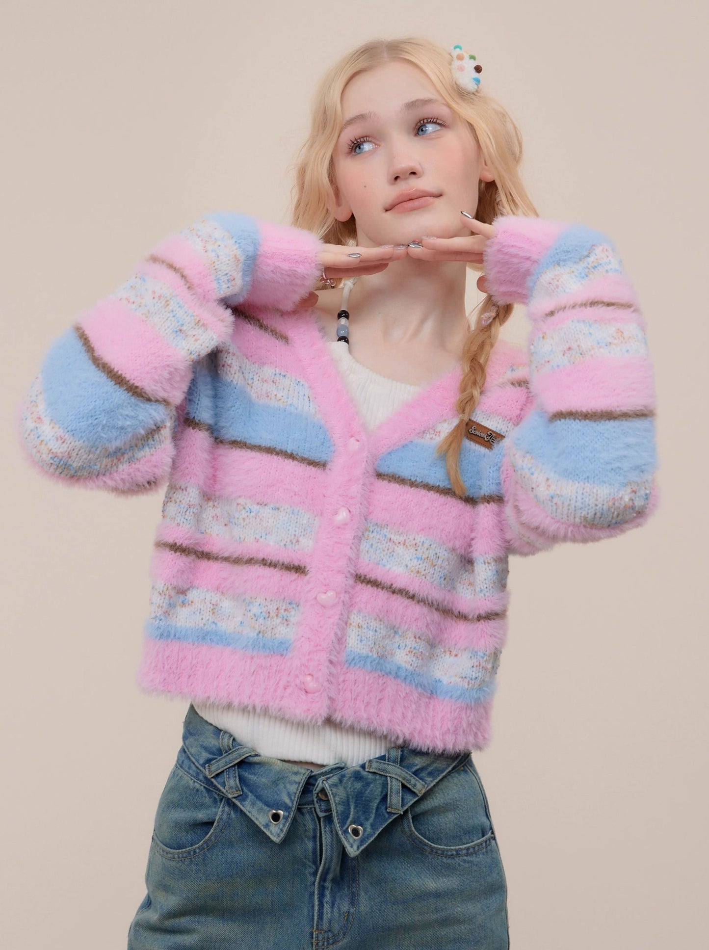 팝 컬러 보더 니트 쇼트 가디건