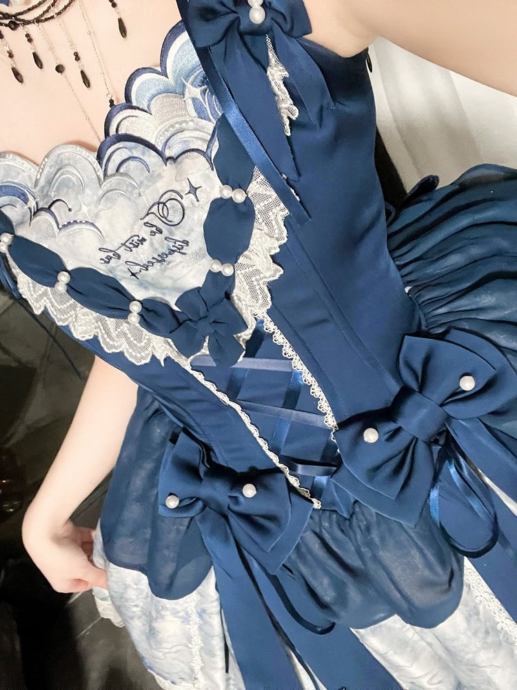 【5月6日予約締切】ダークブルームーンライトシーエレガントレースリボンレイヤードドレス+アクセサリー