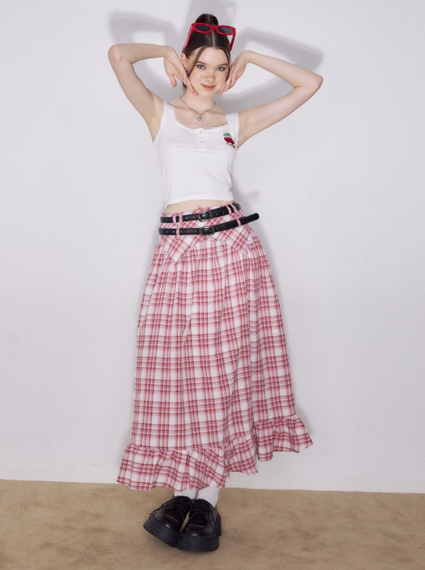 American Retro High Waist Flared Check Skirt