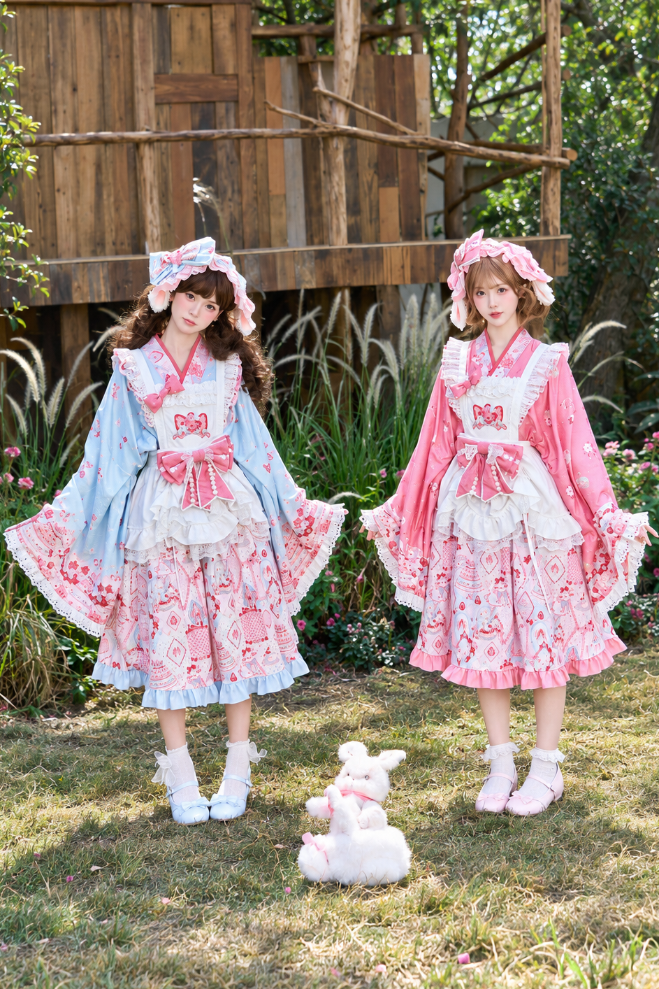 【10月21日予約締切】Pink/Blue Hanfu-inspired Little Lamb Tea Party Lace Wide Sleeve Blouse + Printed Ruffle Skirt + Pleated Mamian Skirt + Strawberry Embroidered Ribbon Lace Apron