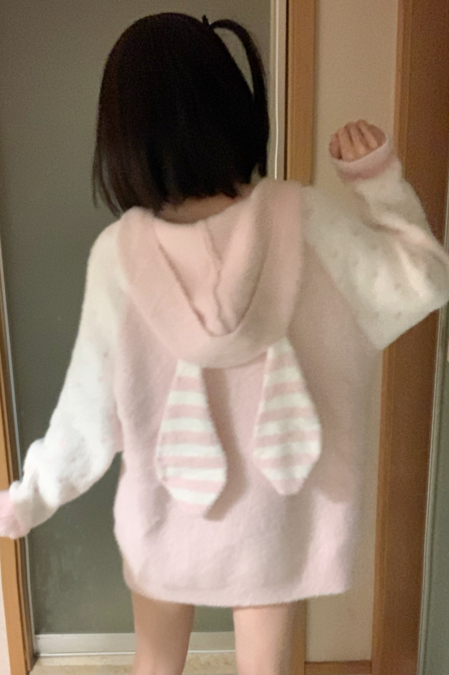 ボーダードットラビットフードニットパーカー