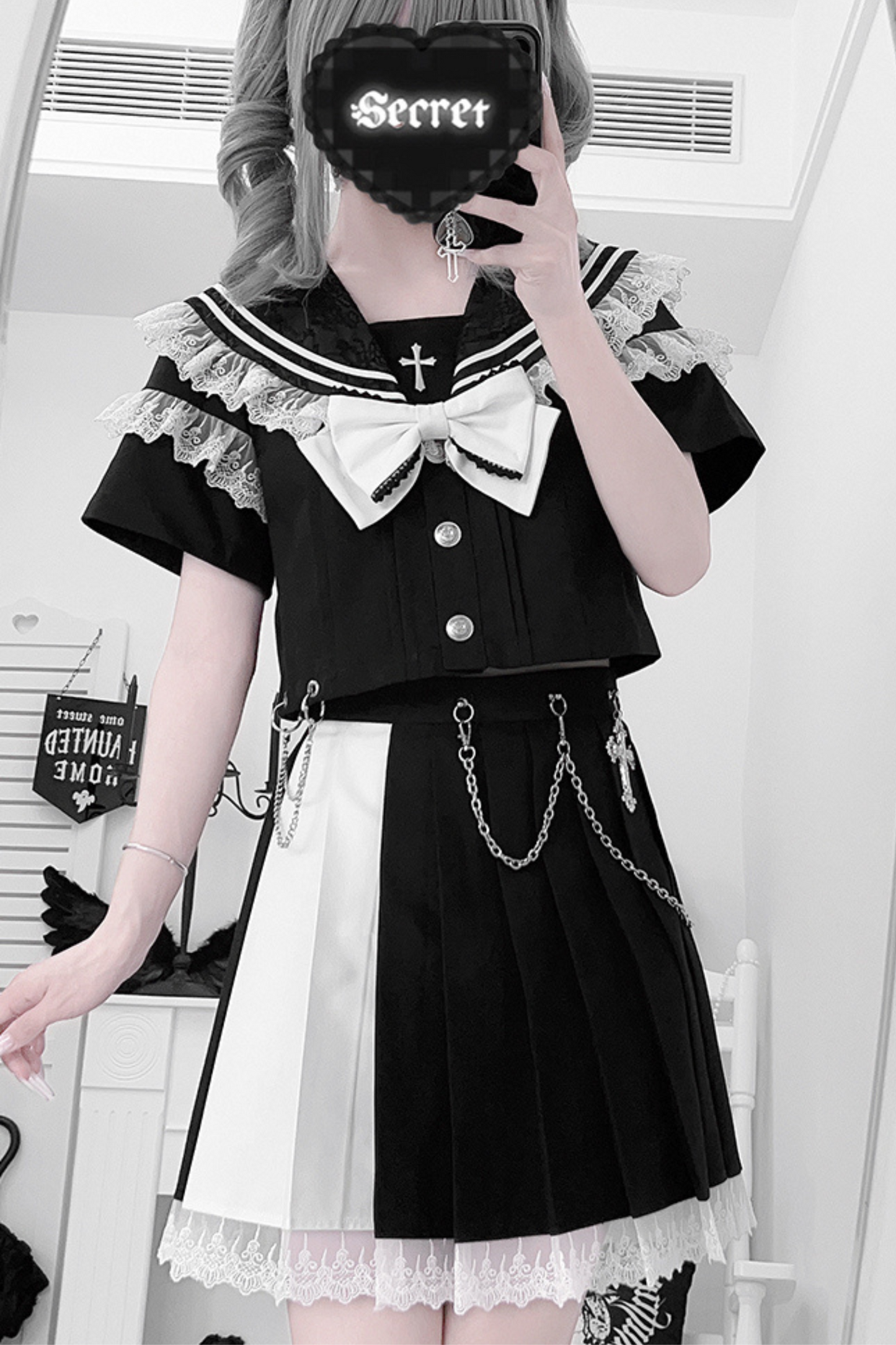 Dark Girl College Sailor Top + Skirt + Ribbon + Skirt Chain