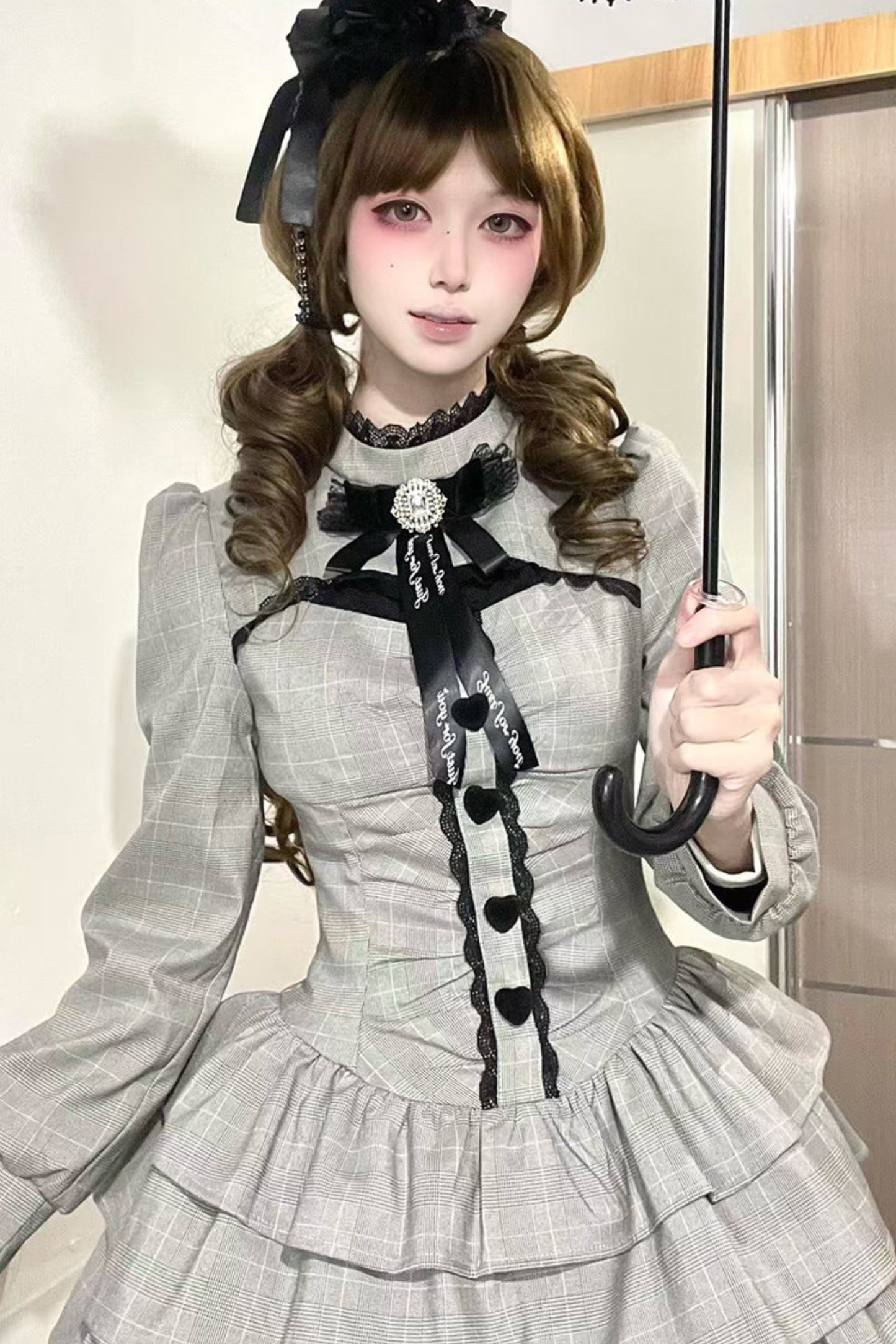 Check High Neck Puff Sleeve Dress