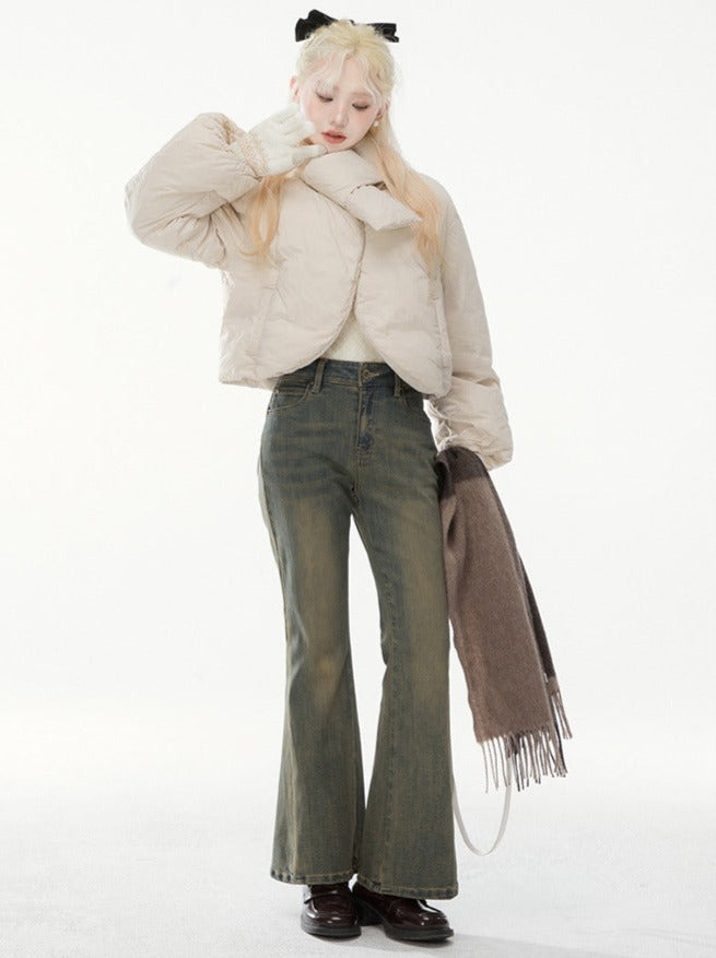 ミルクティーアプリコットデザインニッチスカーフショートコットンコート