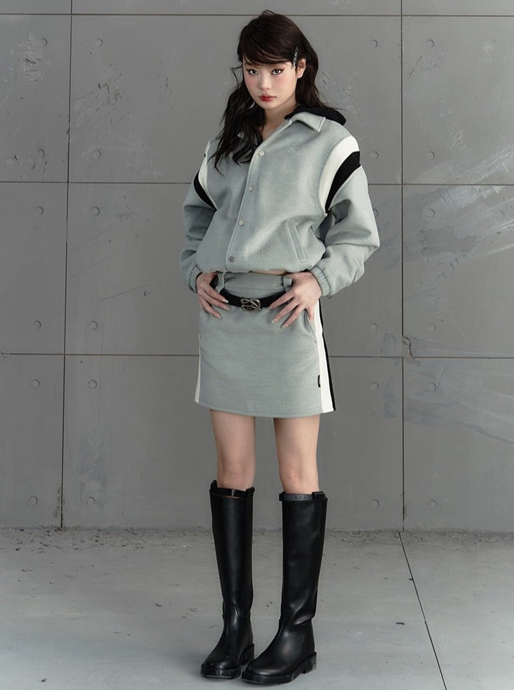 레트로 컬리지 스타일 패치워크 후드 코트 + 컬러 블록 스커트