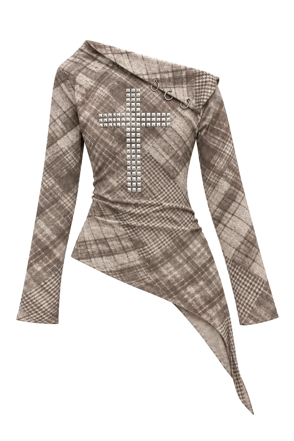 Tee-shirt épaules dénudées à carreaux avec croix en strass