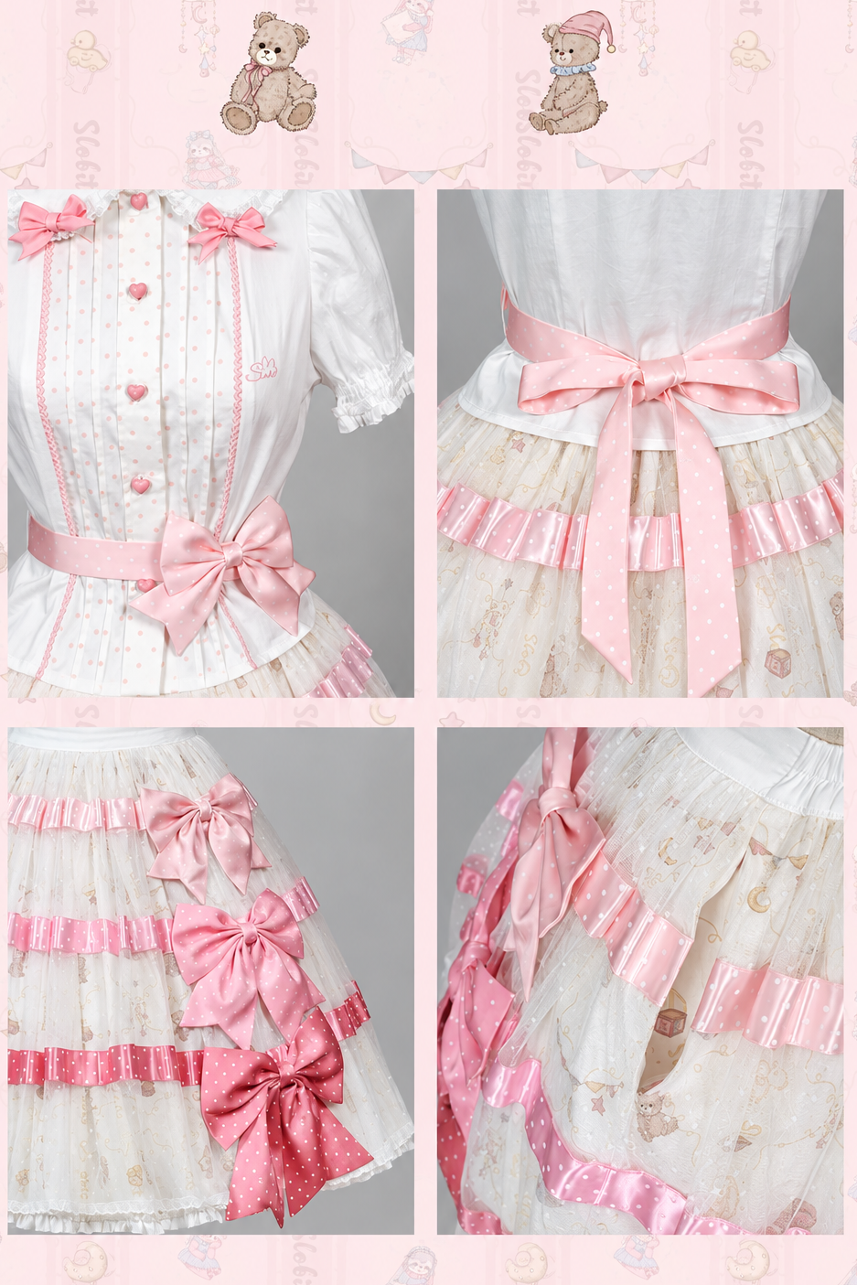【10月5日予約締切】Sweet Lolita Peter Pan Collar Polka Dot Shirt with Waist Ribbon + Triple Bow Skirt + Set