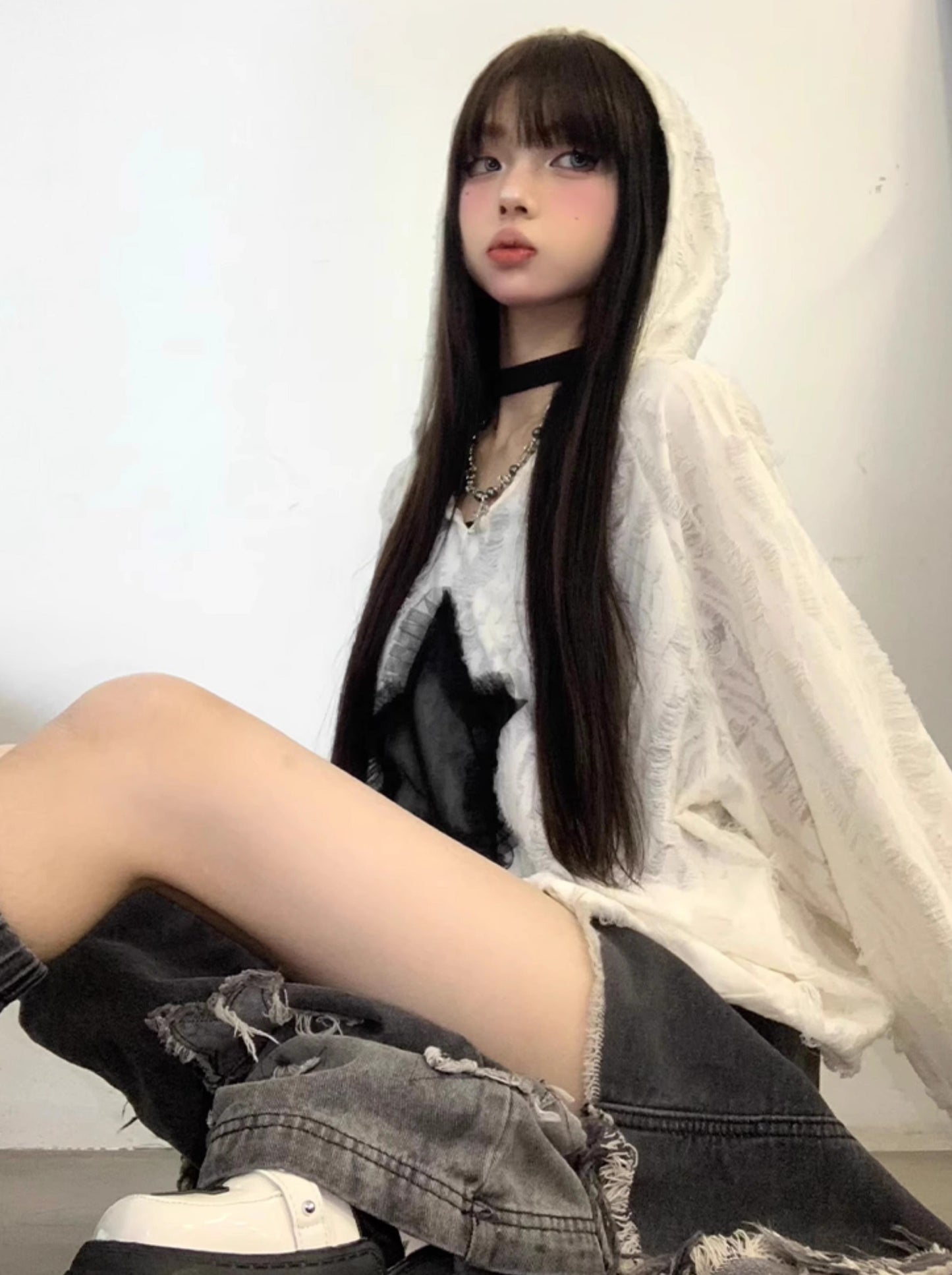 Top Star Whole Loose Bottom Shirt Long T & White Hoodie