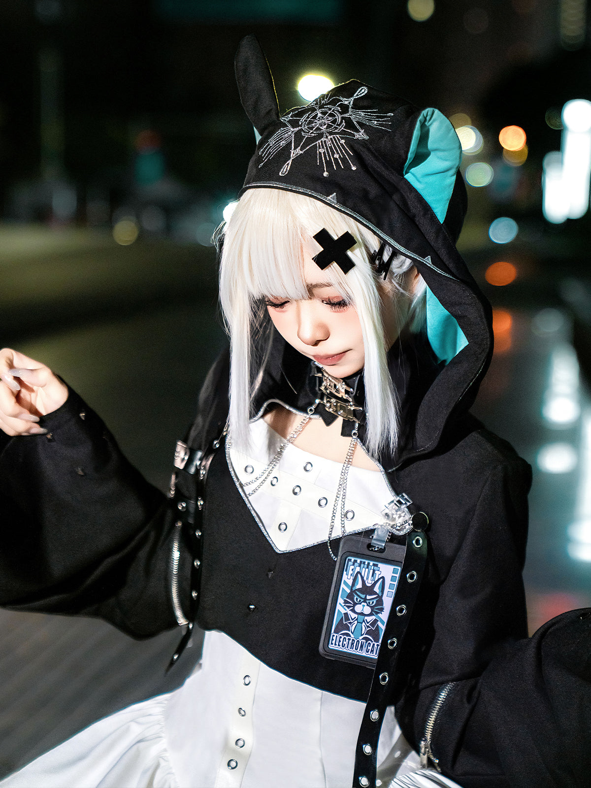 【予約商品】デイリーゴシックレトロパンクスタイルフードジャケット+プリーツサスペンダースカート