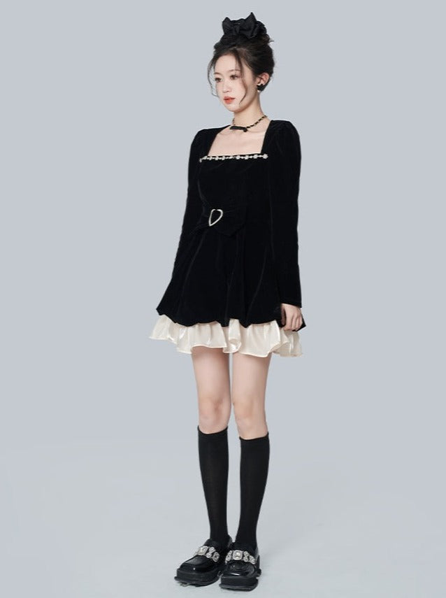 Heart Belt Ruffled Velvet Dress