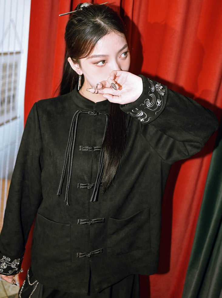 Retro Stand Collar Button Velvet Top