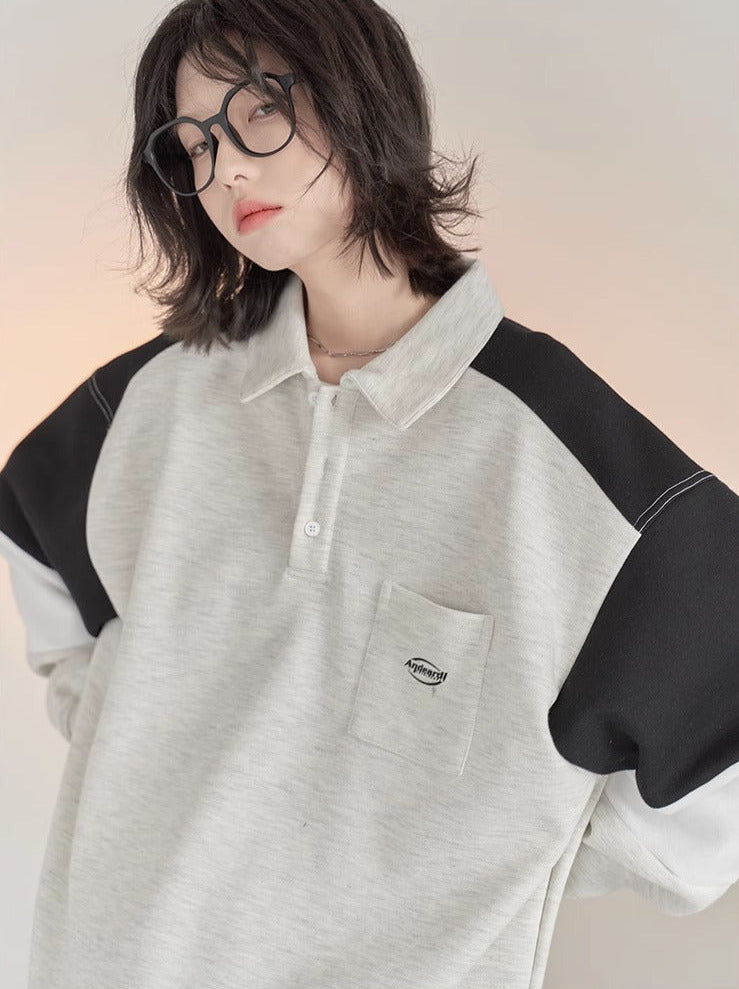 撞色 polo 领宽松运动衫