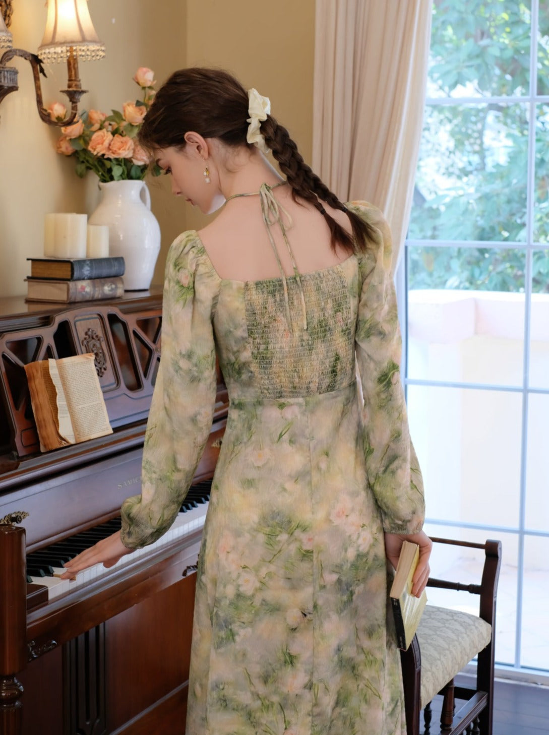 レトロエレガントグリーンスクエアネックワンピース