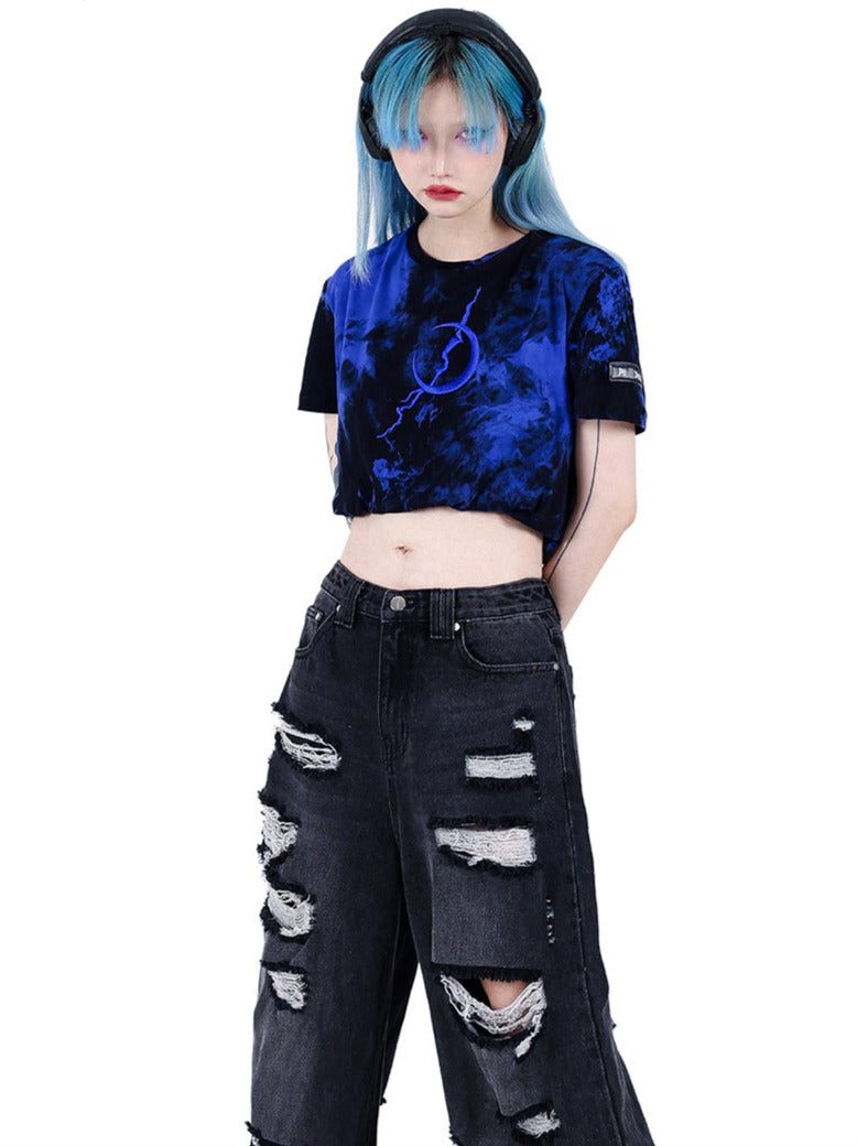 Electric Moon Embroidered Tie Dye Layered Short T-shirt
