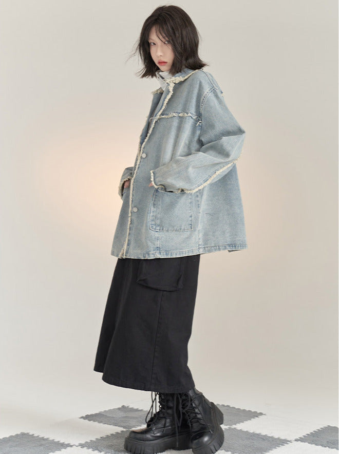 Anzugkragen Jeansjacke mit losem Saum