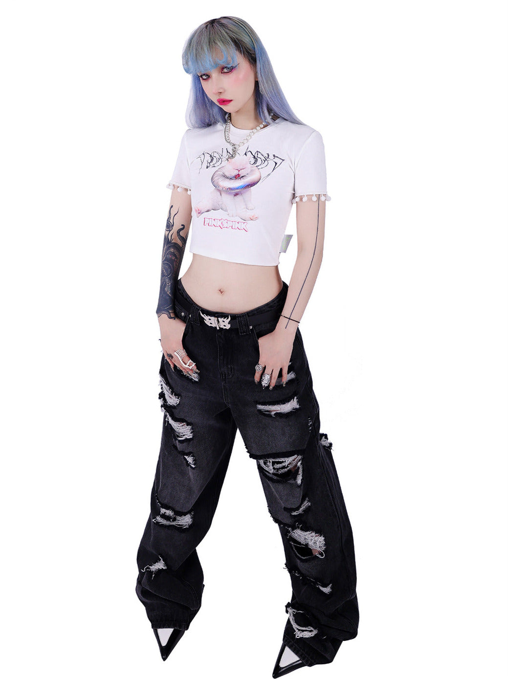 Cool Spicy Little White Garfield Cat Print Short T-shirt