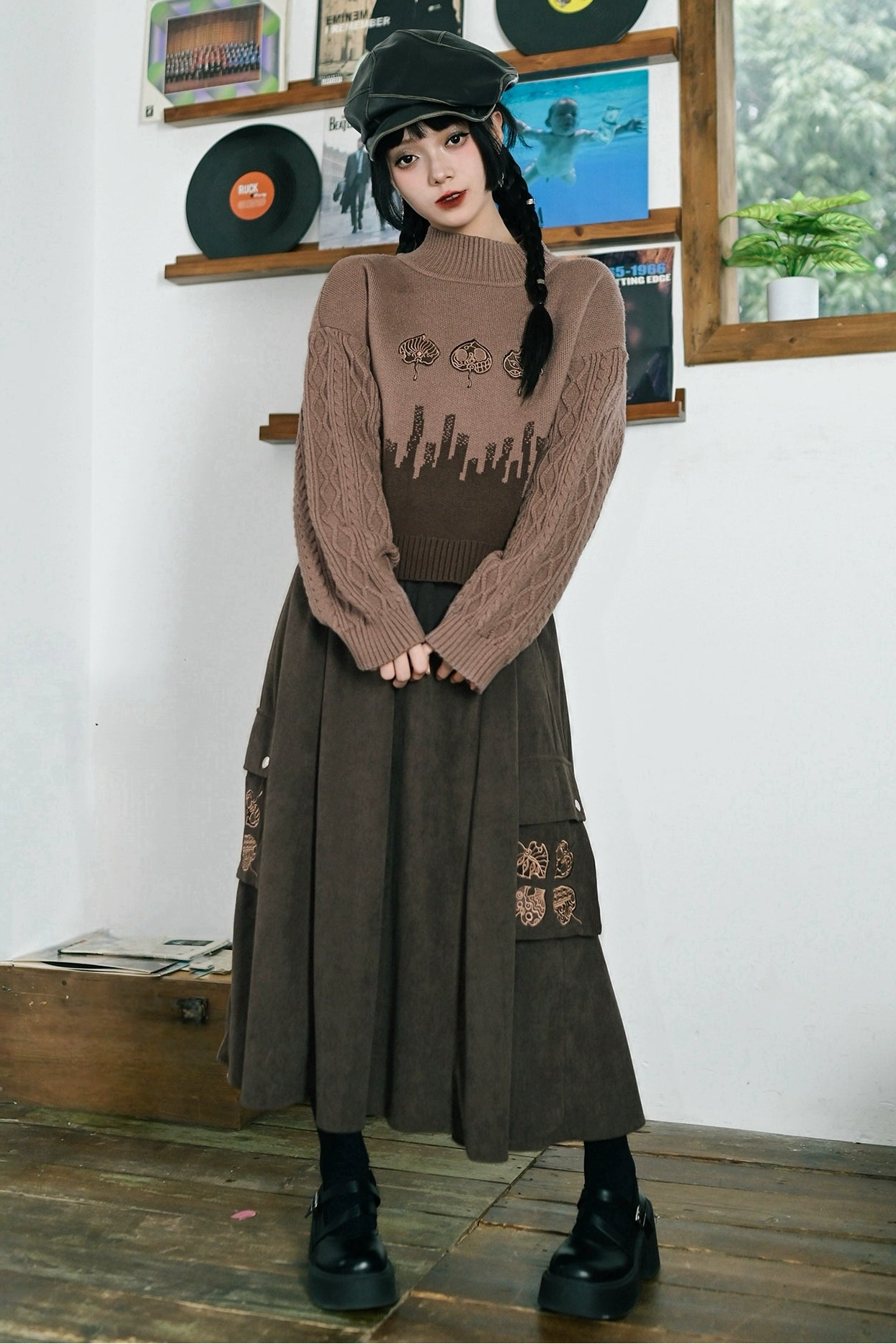 2 new products 81% off "Reincarnation" brown corduroy skirt drape slimming national style embroidered A-line skirt