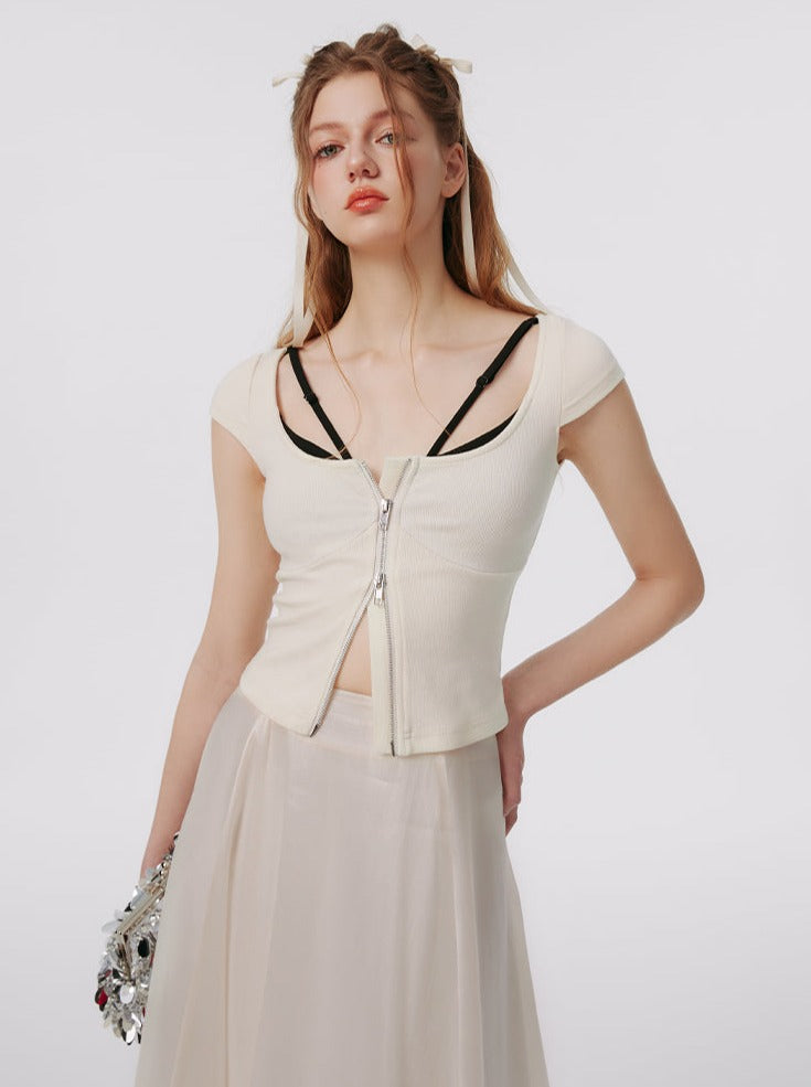 콘트라스트 페이크 투피스 스티치 슬림 탑