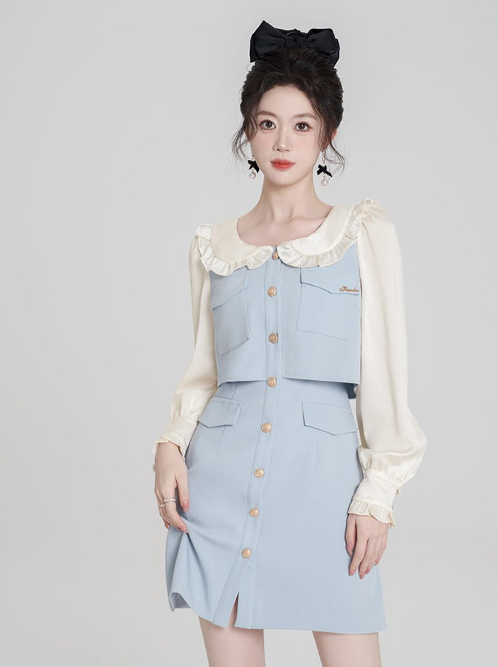 フレンチプレッピースタイルフリルドールカラーパステルフェイクツーピースワンピース