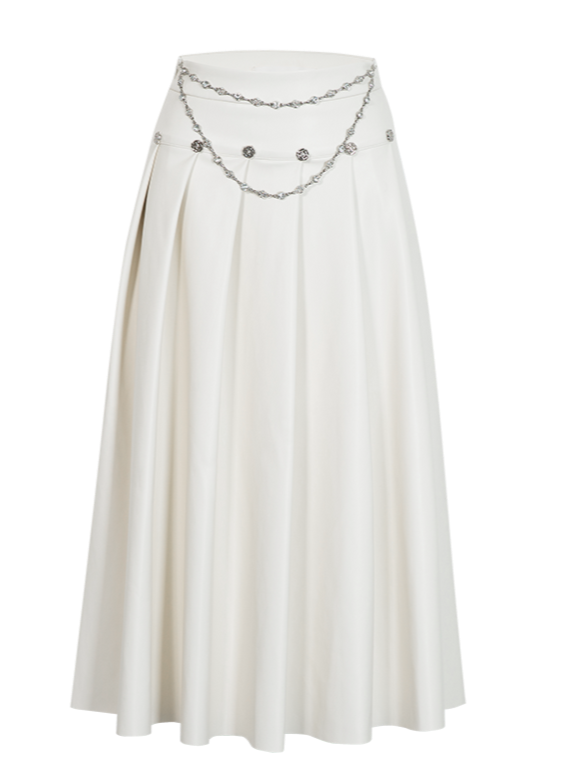 Chain Leather Long Pleated High Waist Skirt