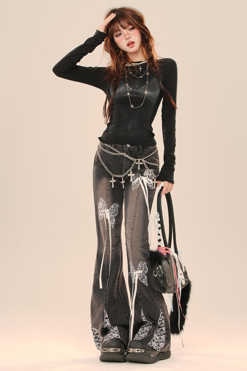 アメリカンレトロブラックスリムロングスリーブトップ